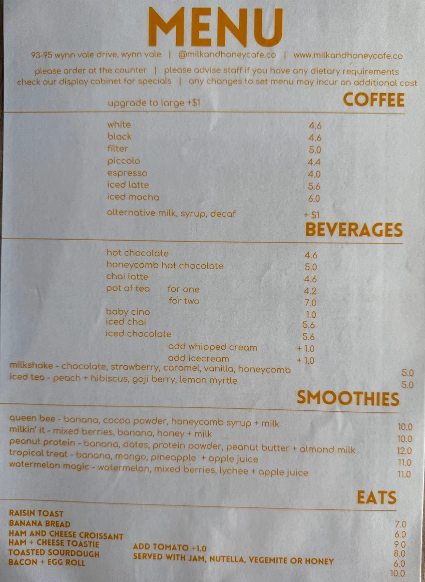 Menu, milk + honey