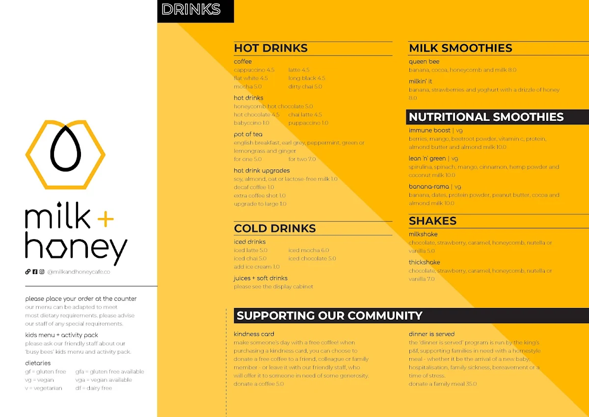 Menu, milk + honey