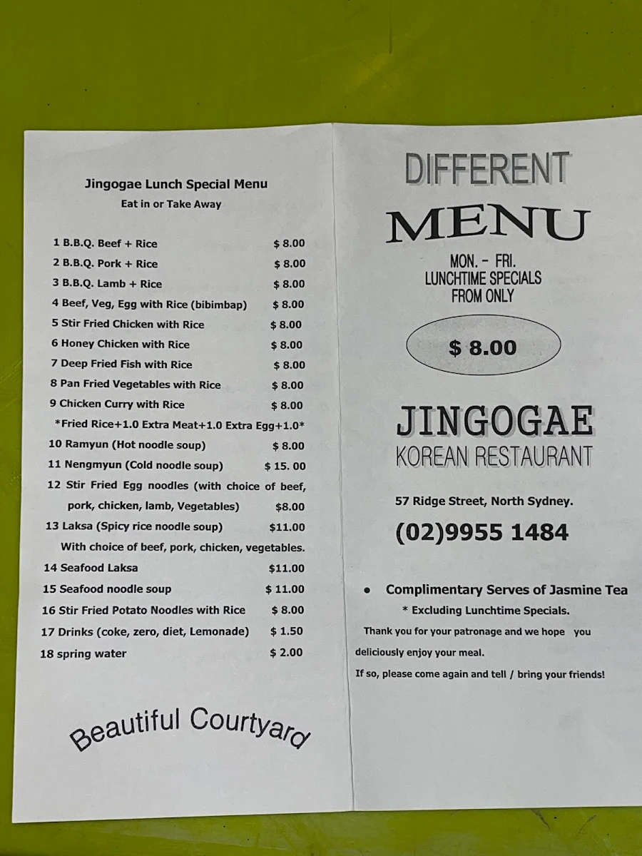 Menu, Jingogae Korean Restaurant