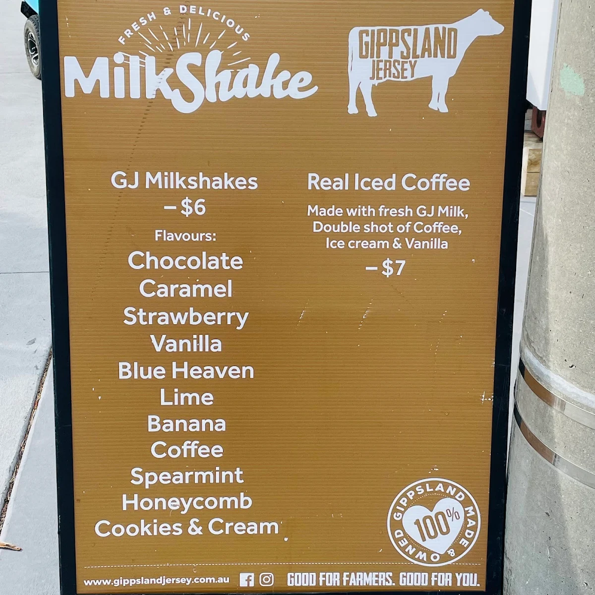 Menu, Gippsland Jersey Milkshakes Van