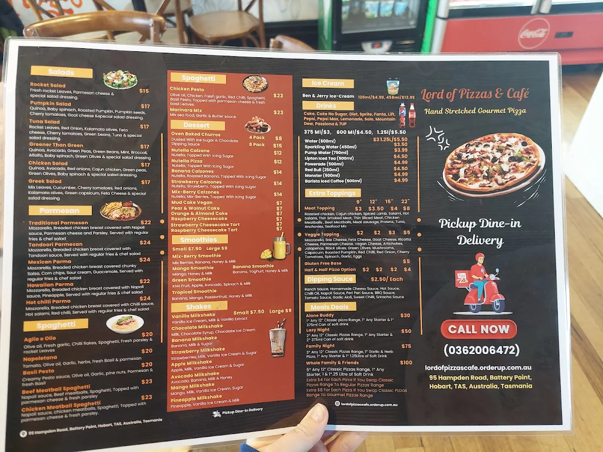 Menu, Lord of Pizzas and Cafe