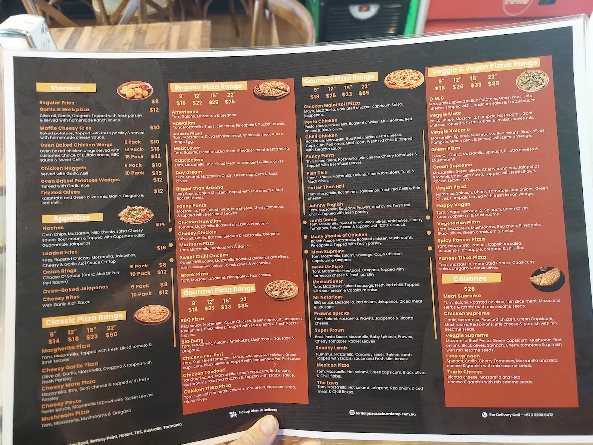 Menu, Lord of Pizzas and Cafe
