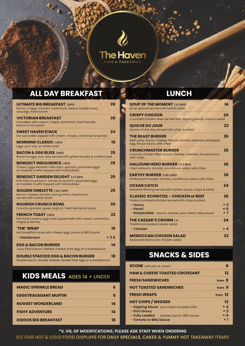 Menu, The Haven - Cafe & Takeaway