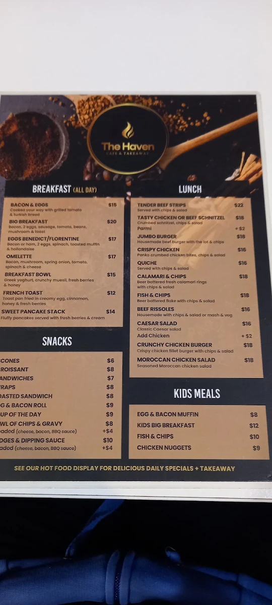 Menu, The Haven - Cafe & Takeaway