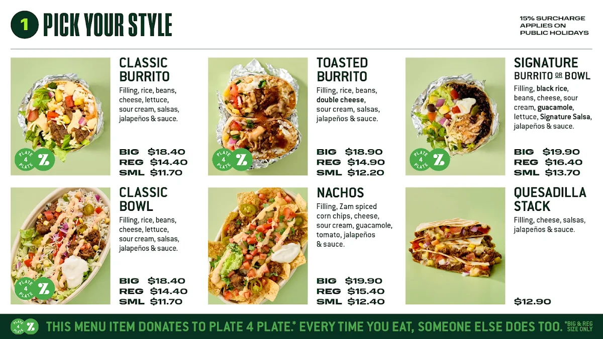 Menu, Zambrero Woden