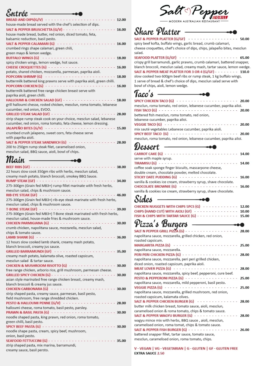 Menu, Salt & Pepper Grill