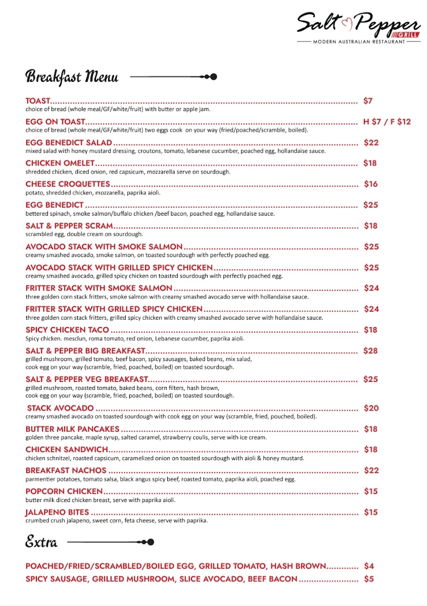 Menu, Salt & Pepper Grill