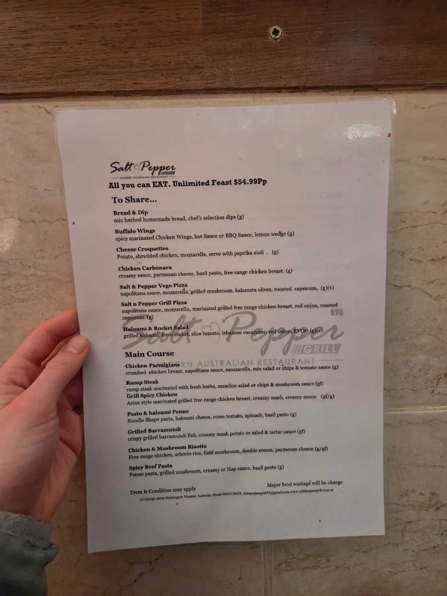 Menu, Salt & Pepper Grill