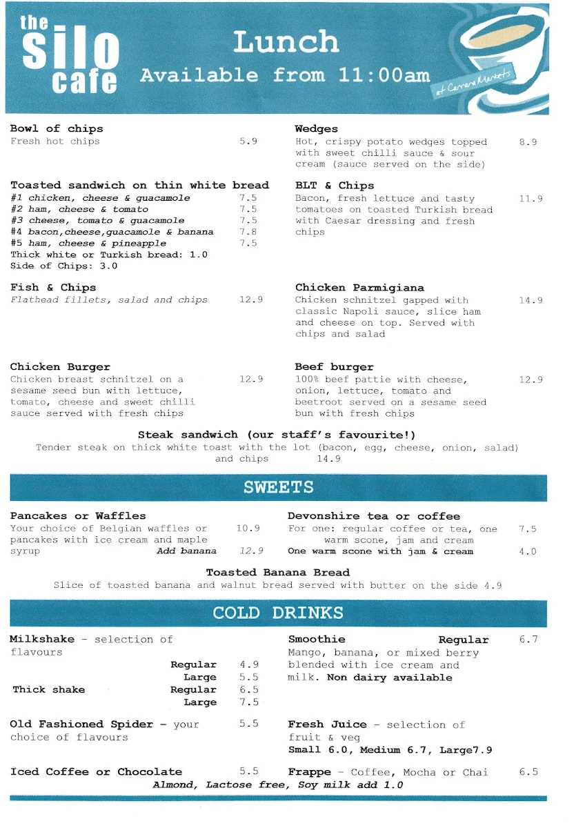 Menu, The Silo Cafe