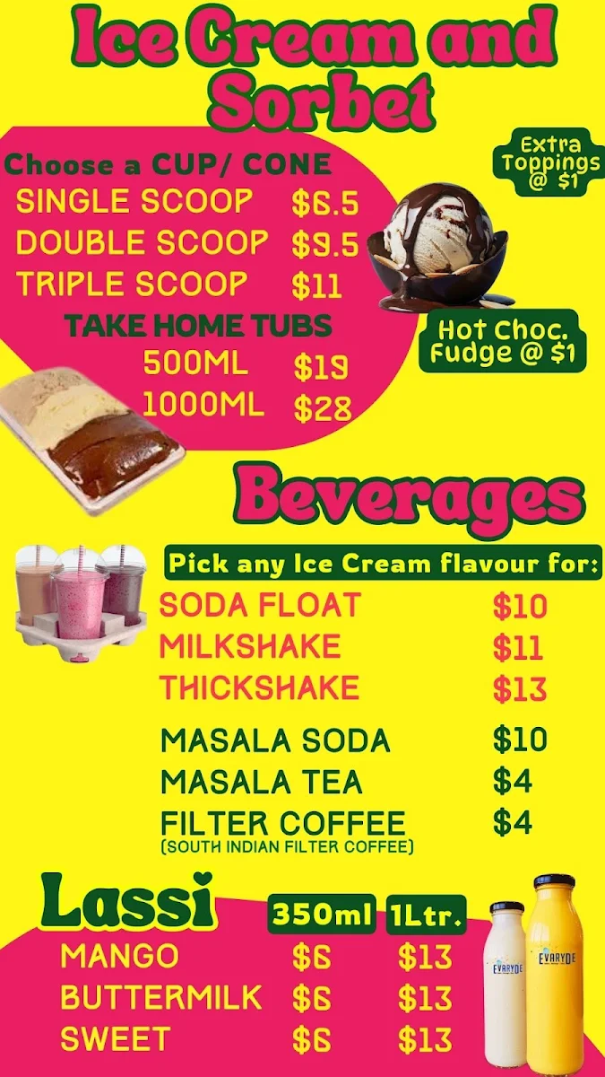Menu, EVARYDE ICE CREAM