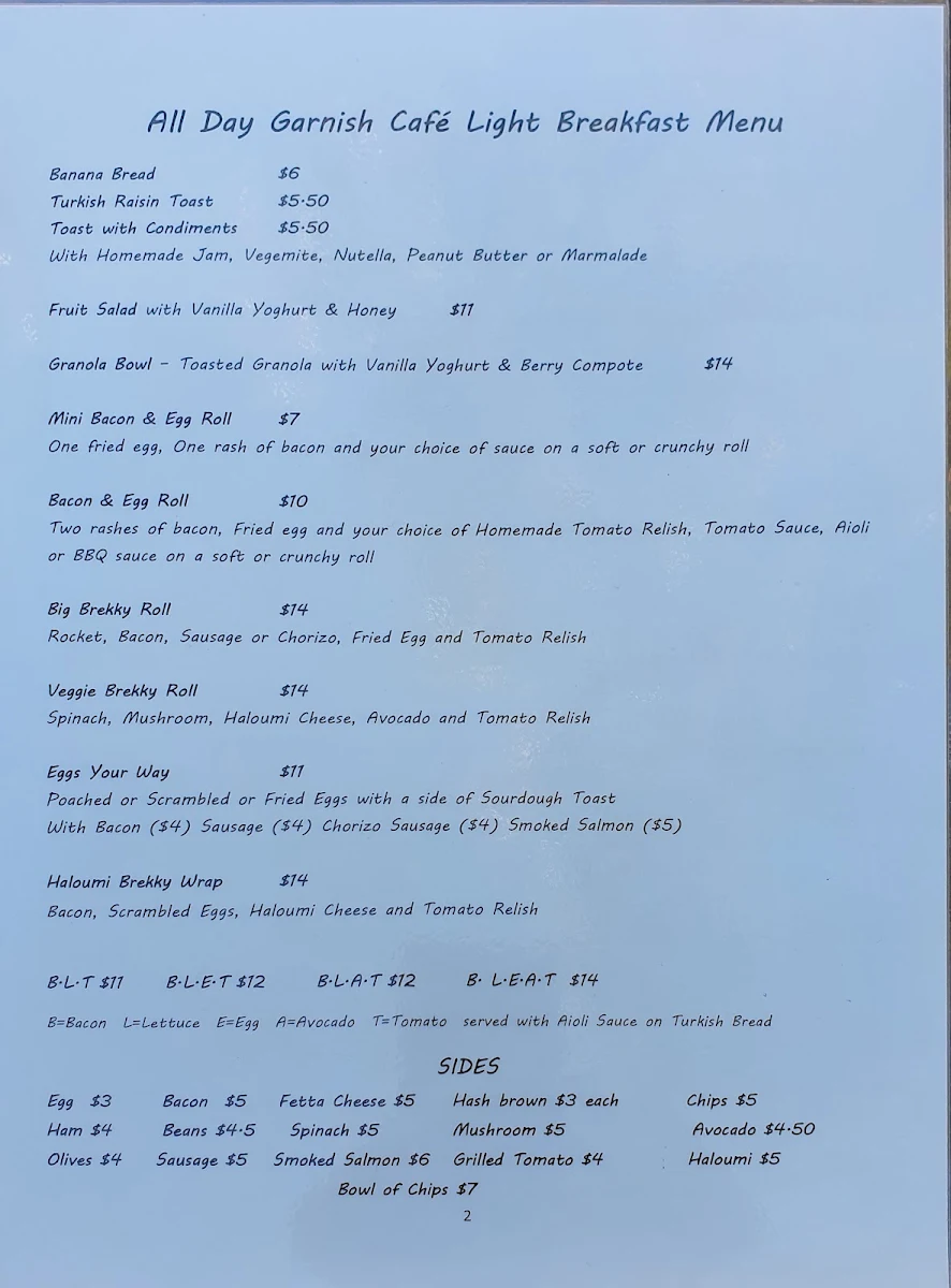 Menu, Garnish Fine Foods