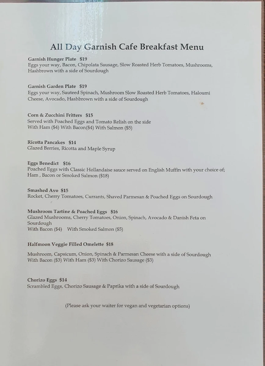 Menu, Garnish Fine Foods