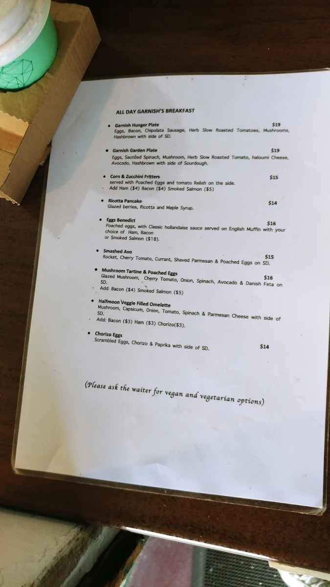 Menu, Garnish Fine Foods