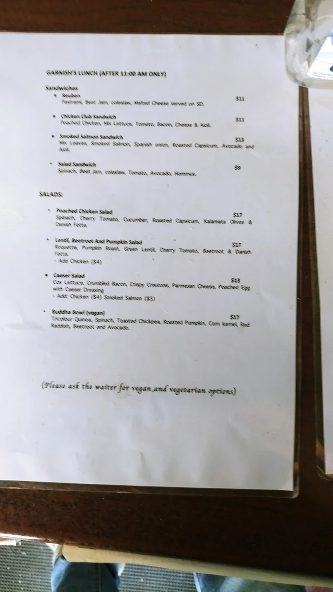 Menu, Garnish Fine Foods