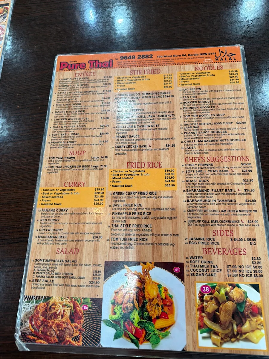 Menu, Pure Thai Restaurant Berala