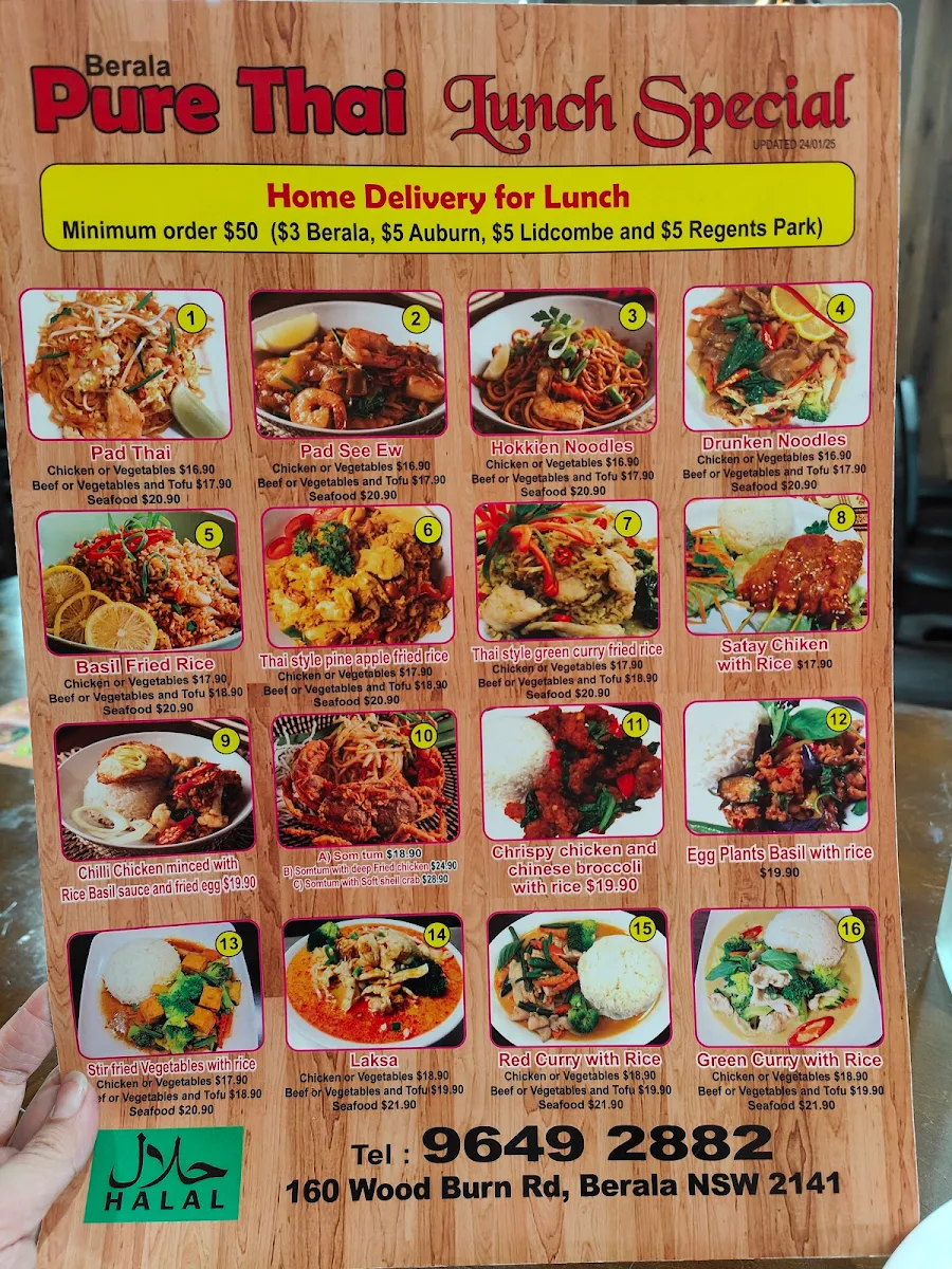 Menu, Pure Thai Restaurant Berala
