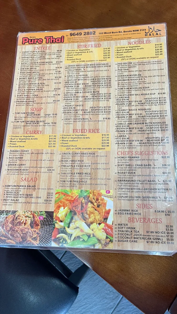 Menu, Pure Thai Restaurant Berala