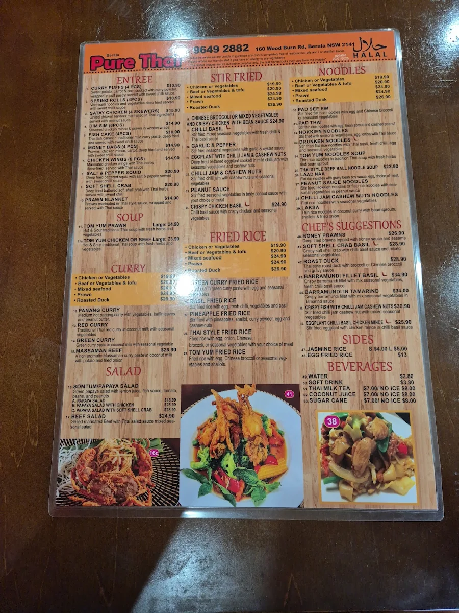 Menu, Pure Thai Restaurant Berala