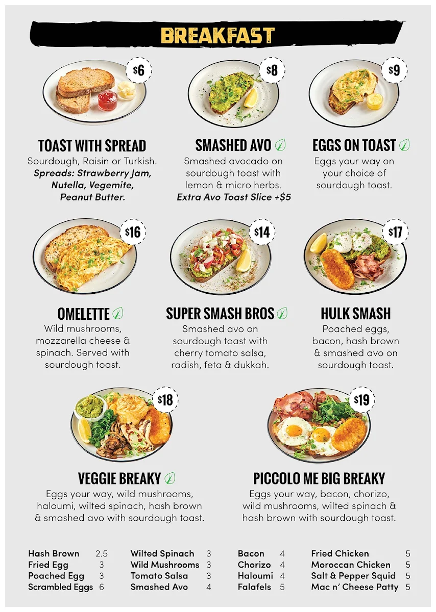 Menu, Piccolo Me Moore Park (Rugby AU)