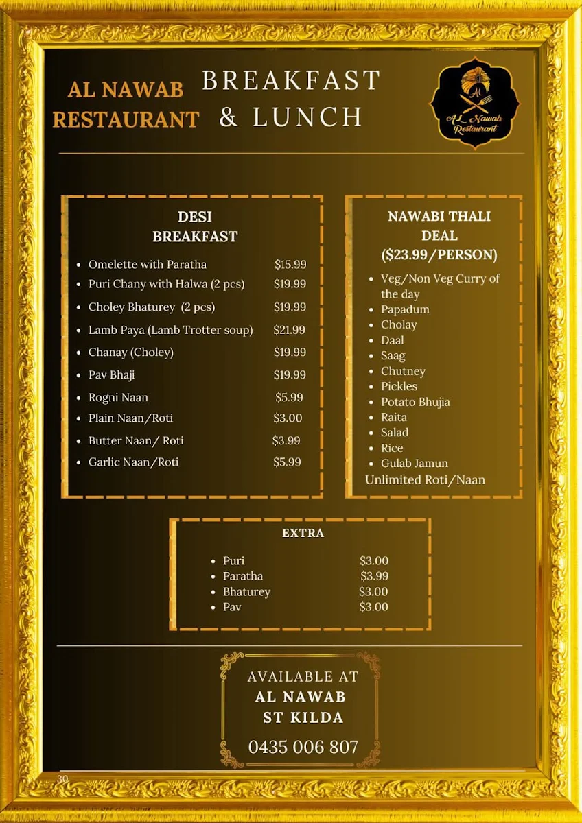 Menu, Al Nawab Restaurant & Cafe - St Kilda