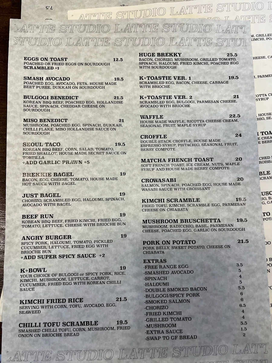 Menu, Latte Studio