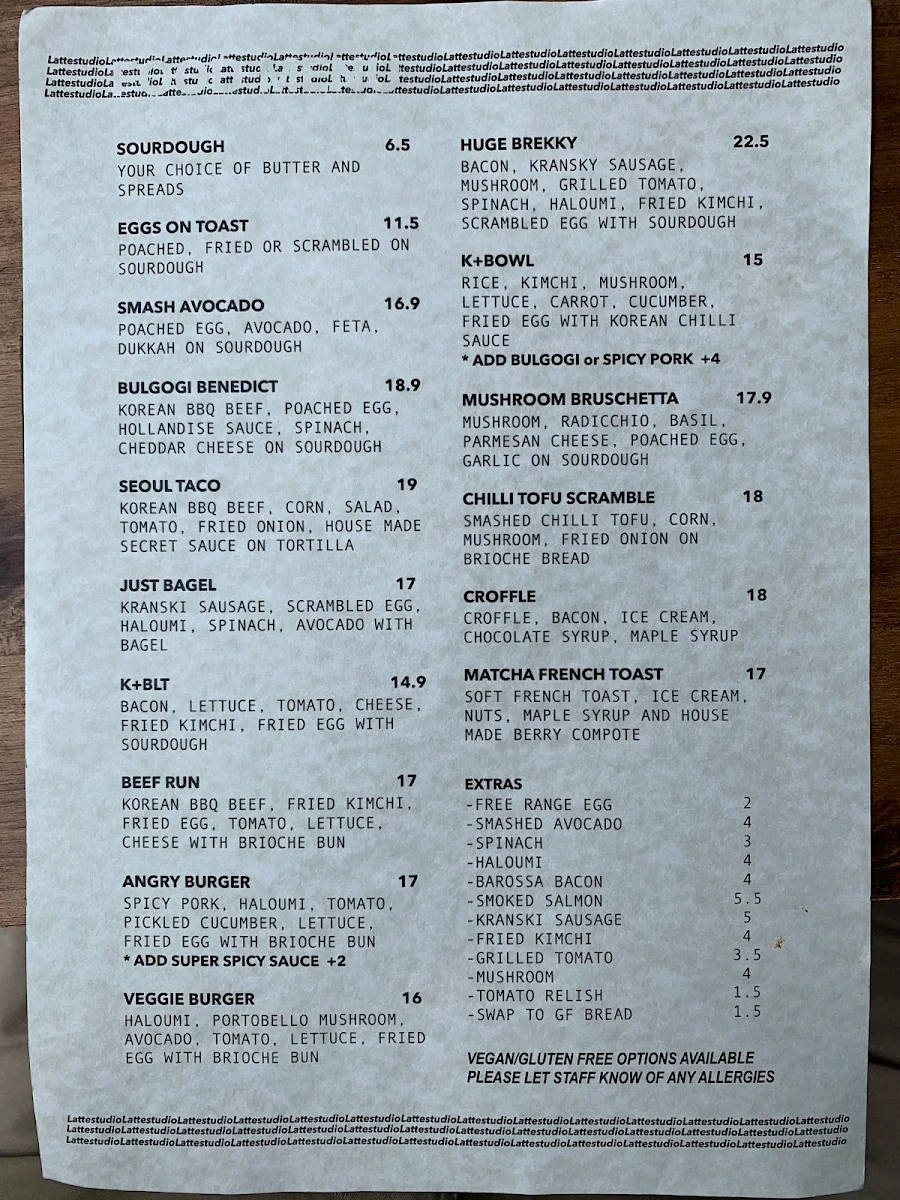 Menu, Latte Studio