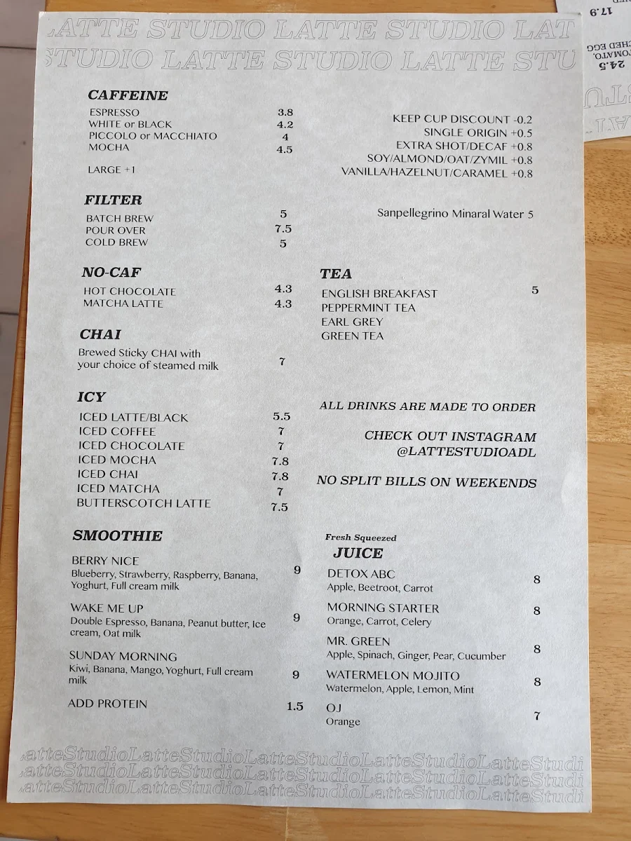 Menu, Latte Studio