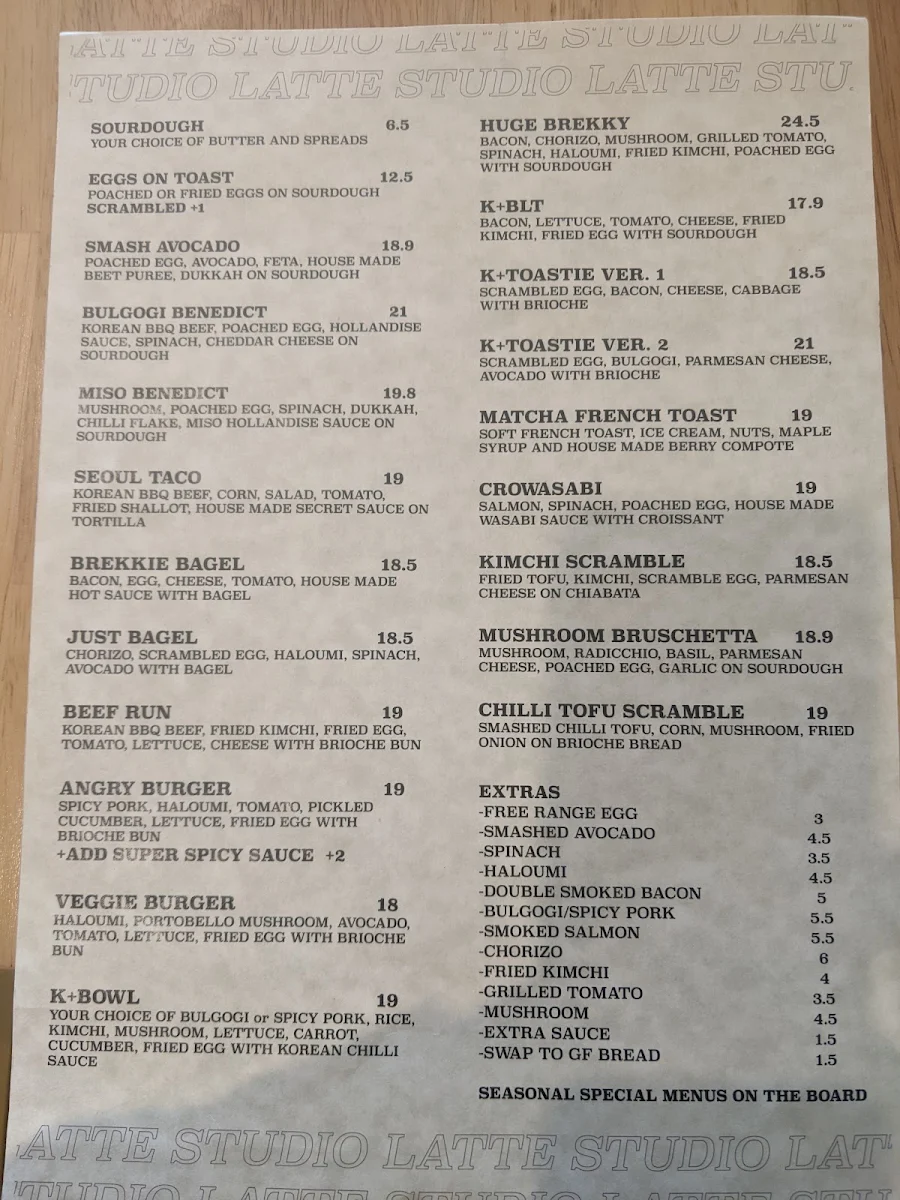 Menu, Latte Studio
