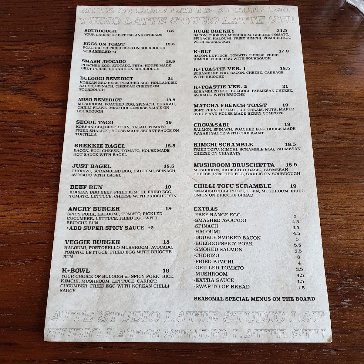 Menu, Latte Studio