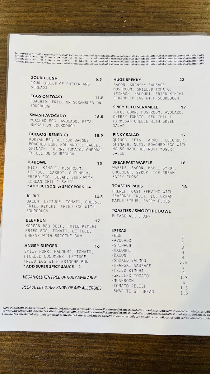 Menu, Latte Studio