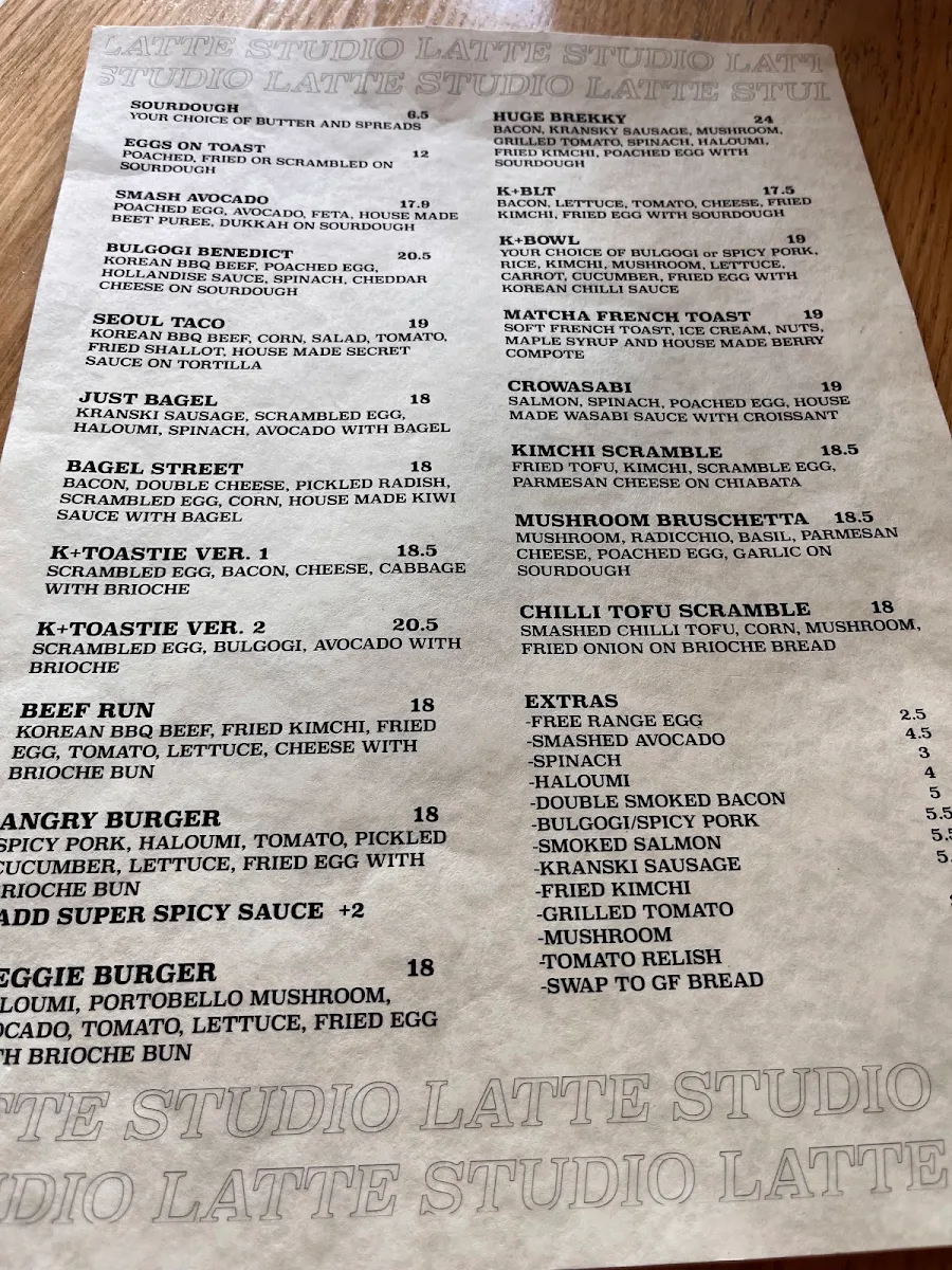 Menu, Latte Studio