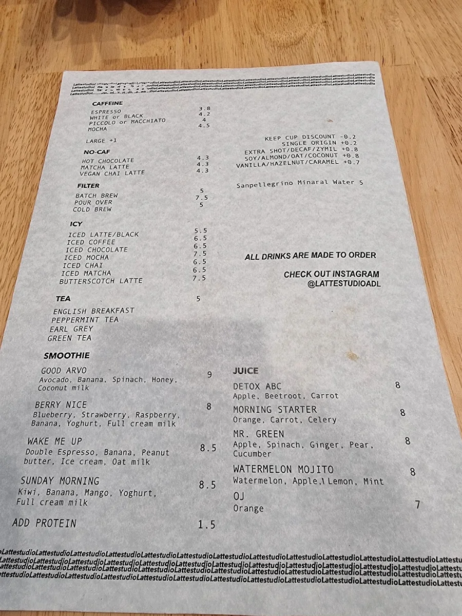 Menu, Latte Studio