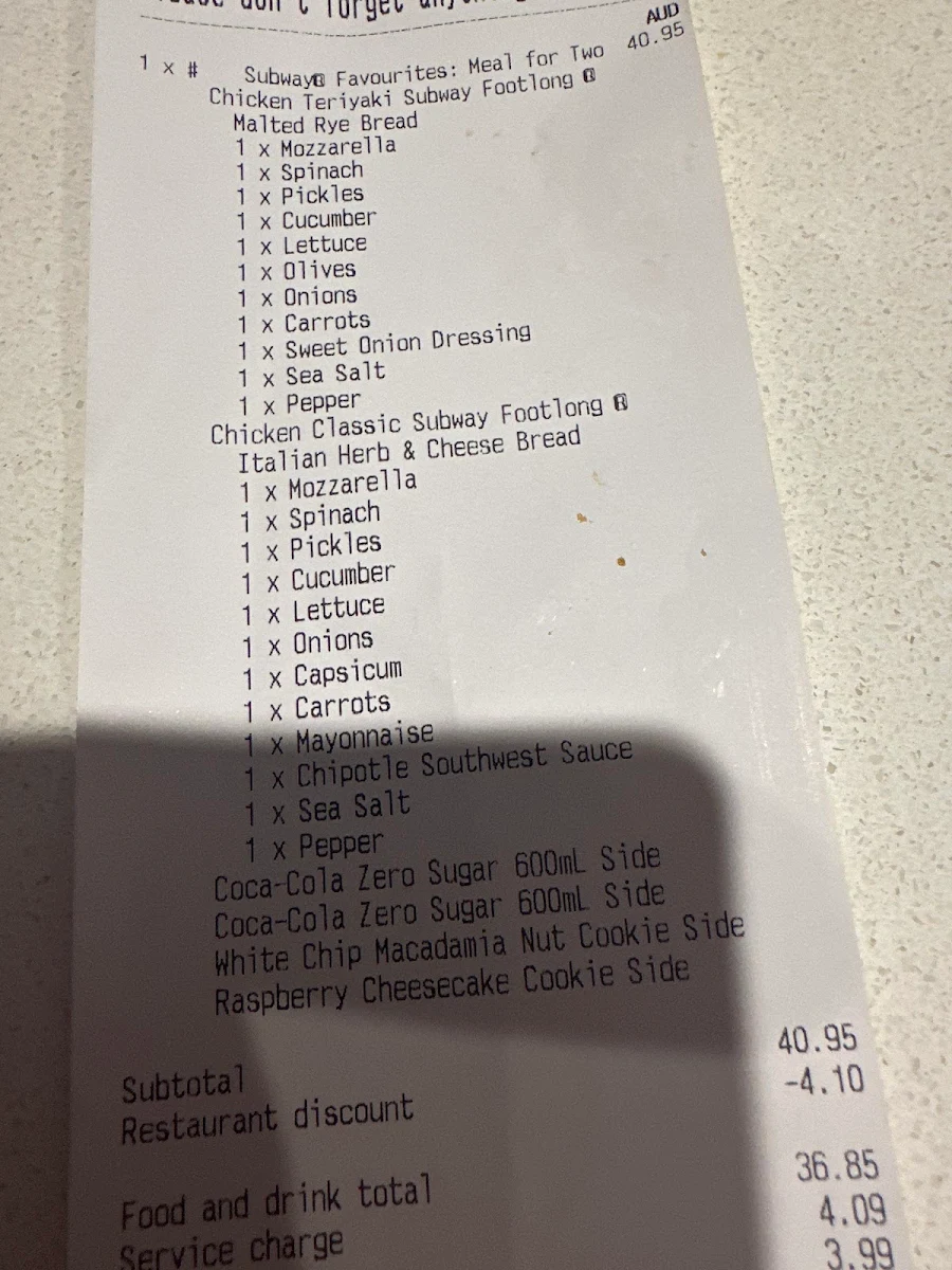 Menu, Subway