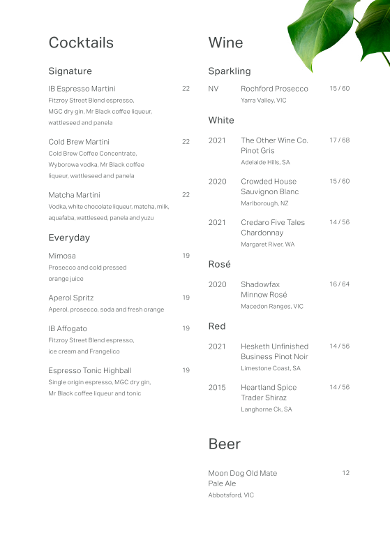 Menu, Industry Beans Chadstone