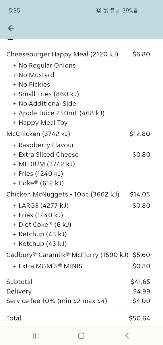 Menu, McDonald's Blacktown Sports Park
