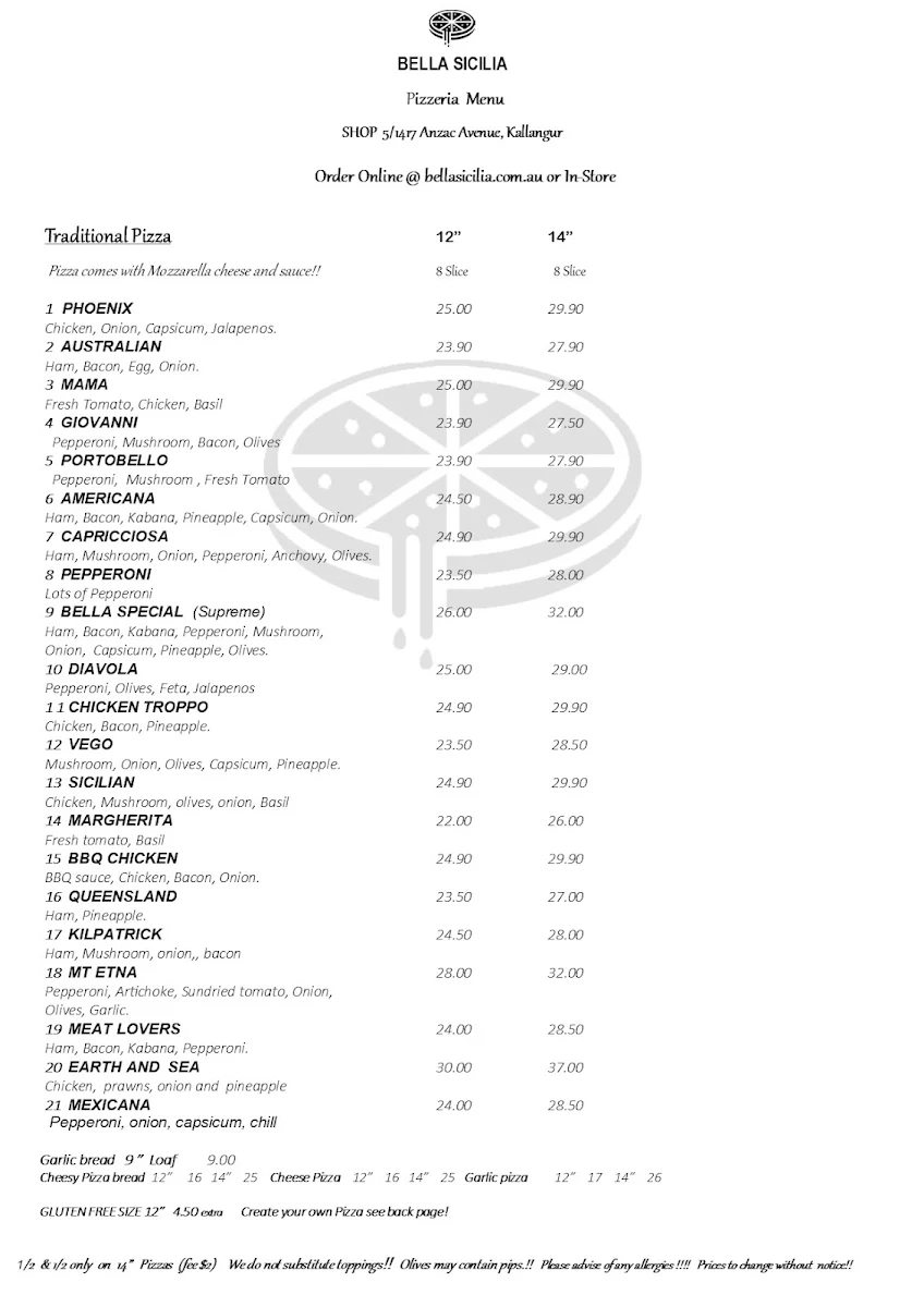 Menu, Bella Sicilia Pizza Kallangur