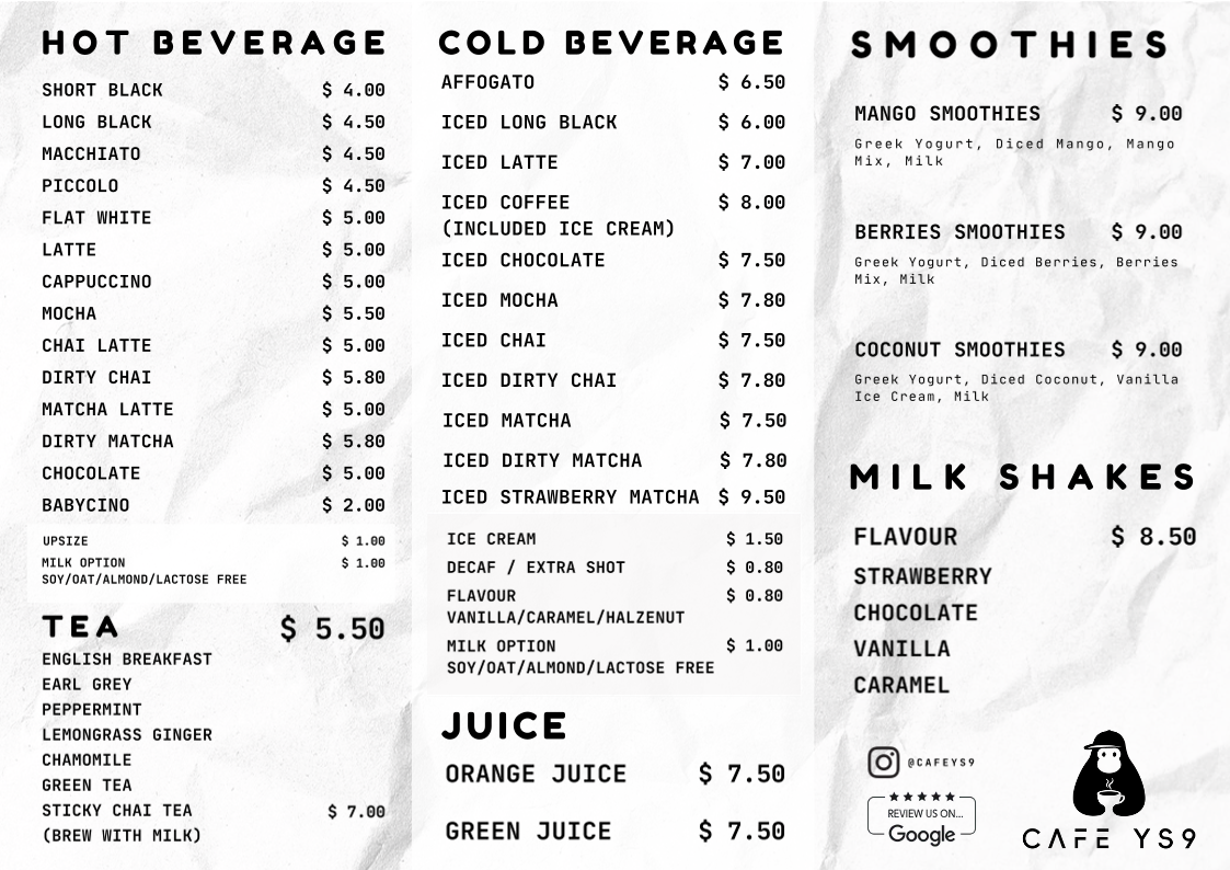 Menu, Cafe YS9
