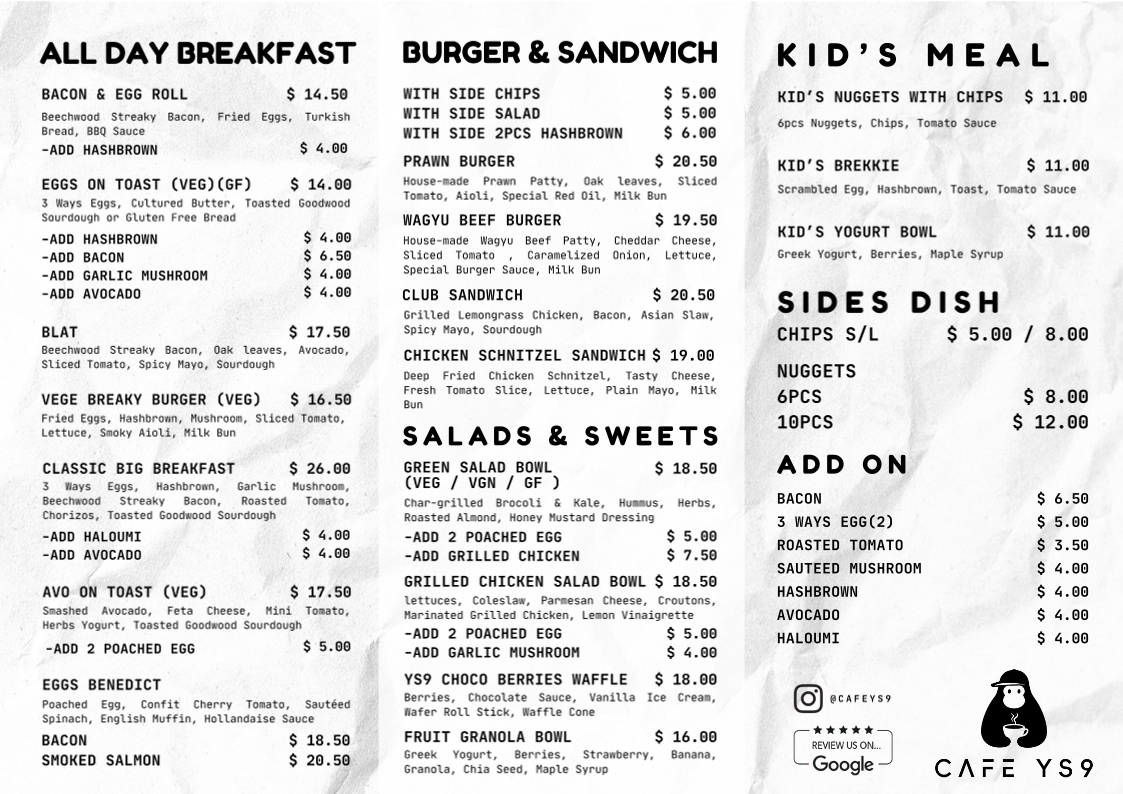 Menu, Cafe YS9