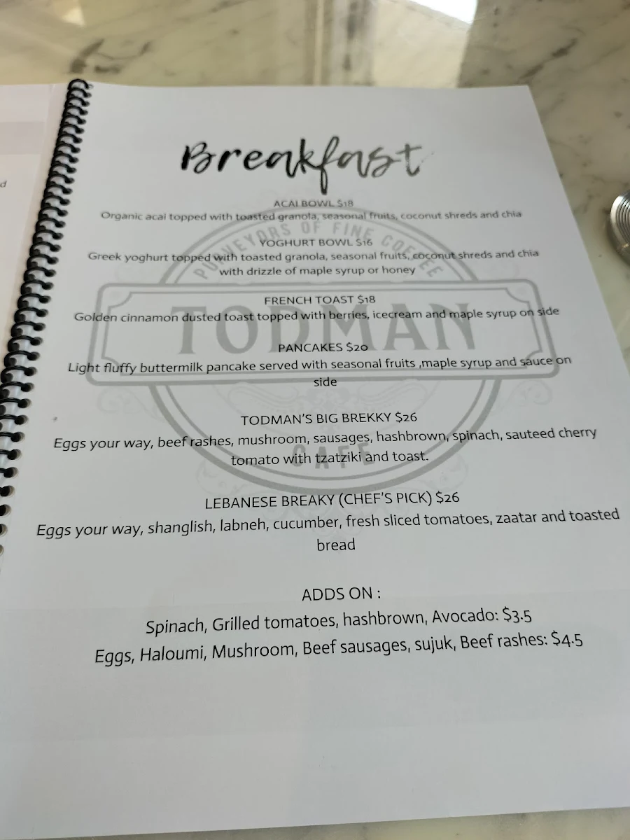 Menu, Cafe YS9