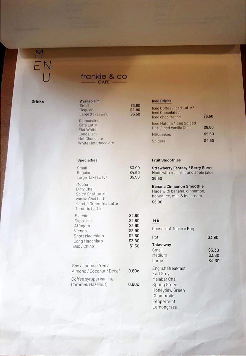 Menu, Frankie & Co Cafe