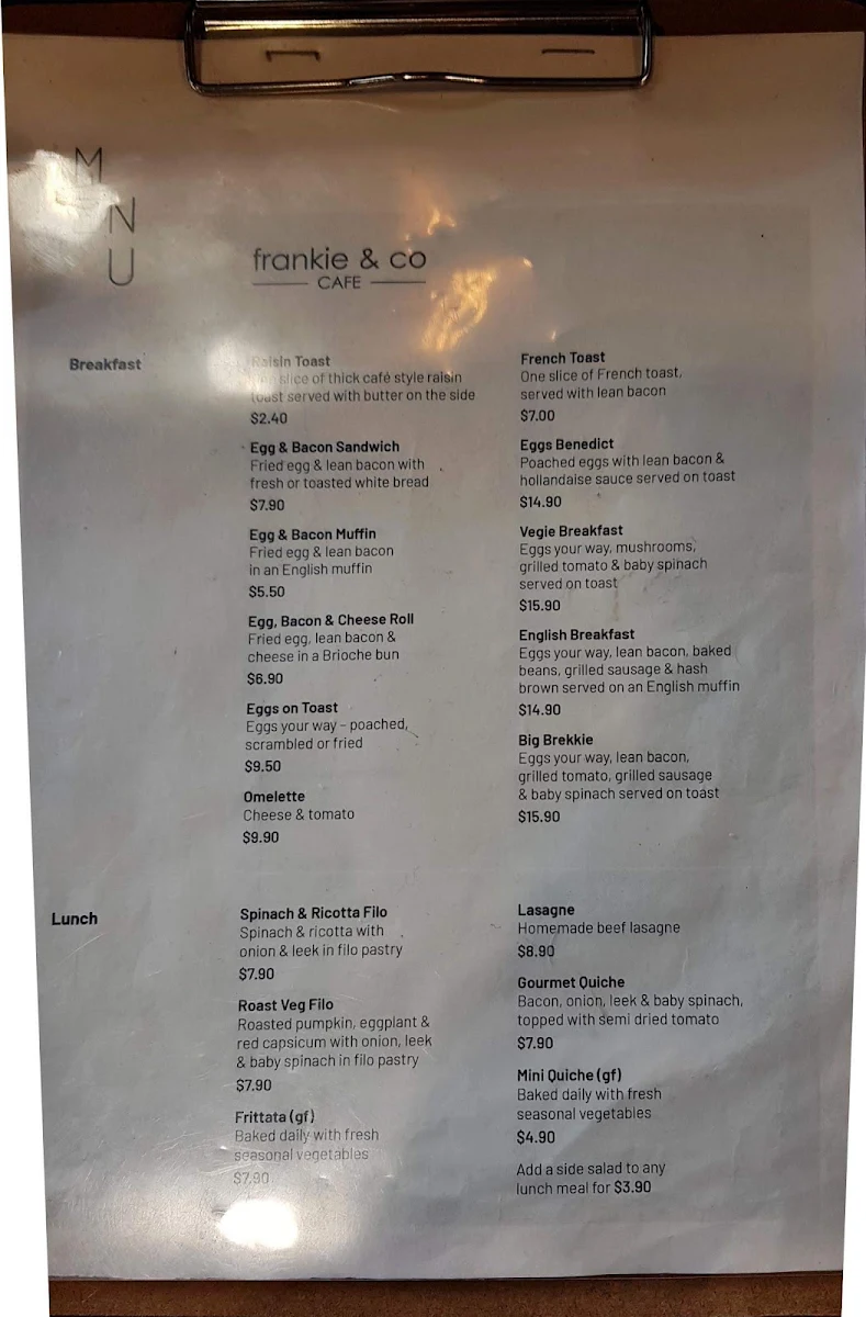 Menu, Frankie & Co Cafe
