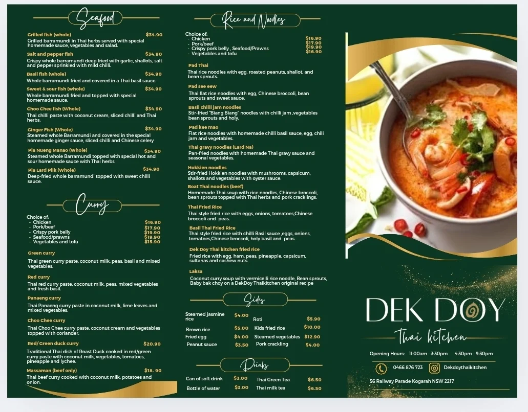 Menu, Dek Doy thai Kitchen