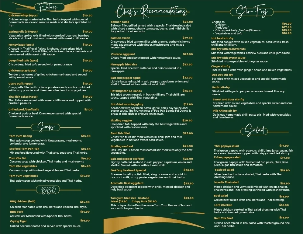 Menu, Dek Doy thai Kitchen