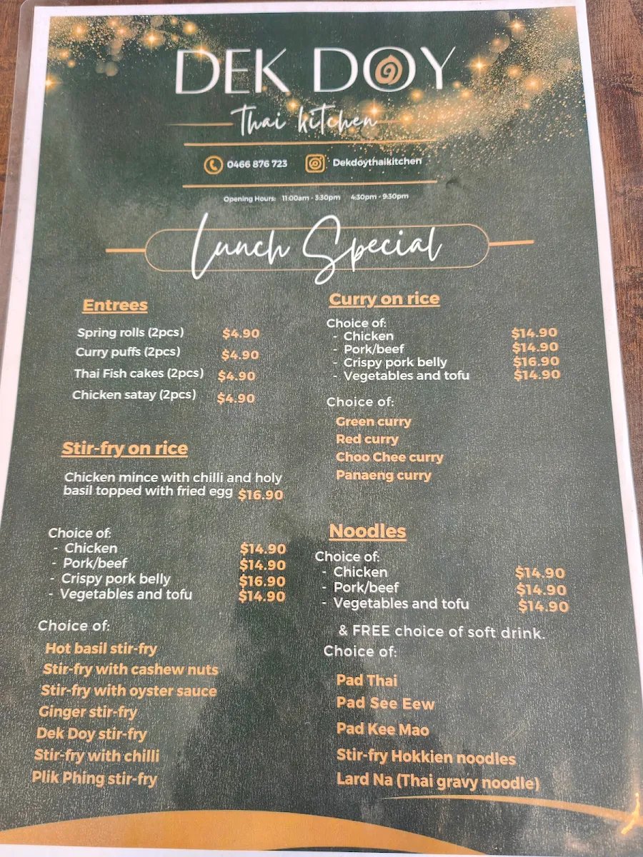 Menu, Dek Doy thai Kitchen