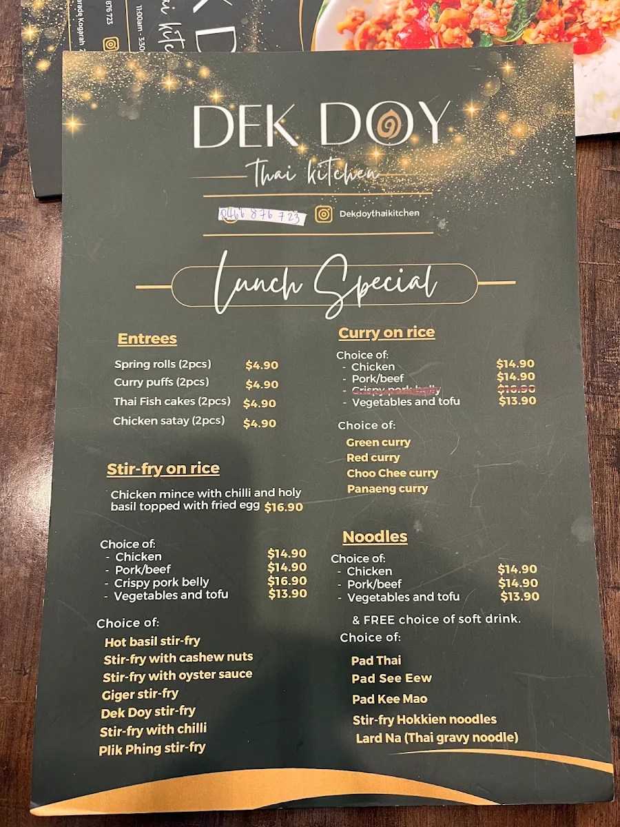 Menu, Dek Doy thai Kitchen