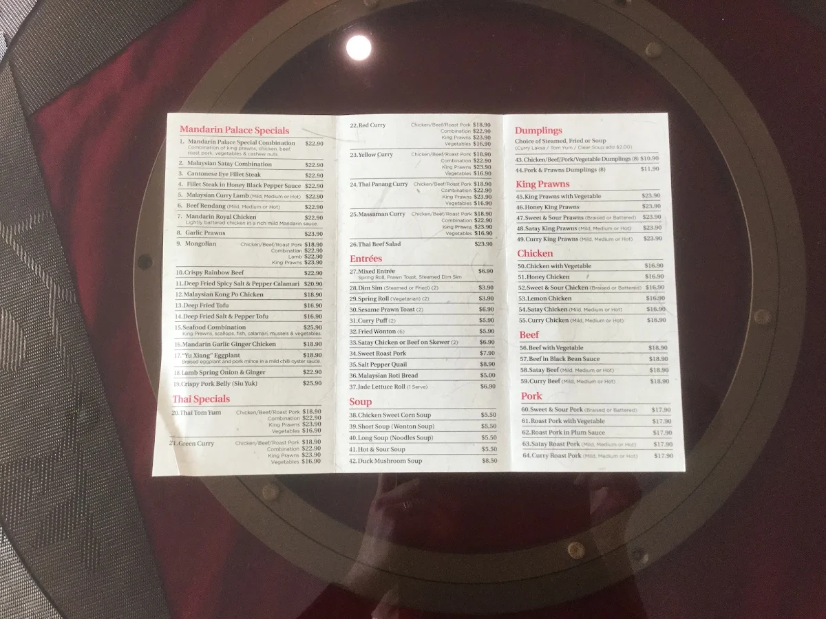 Menu, Traralgon Mandarin Palace