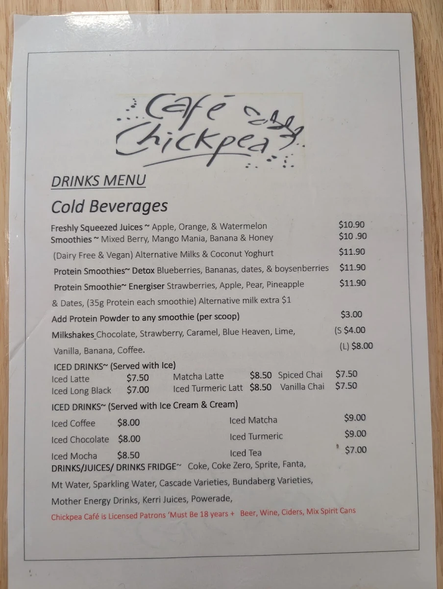 Menu, Chickpea Cafe