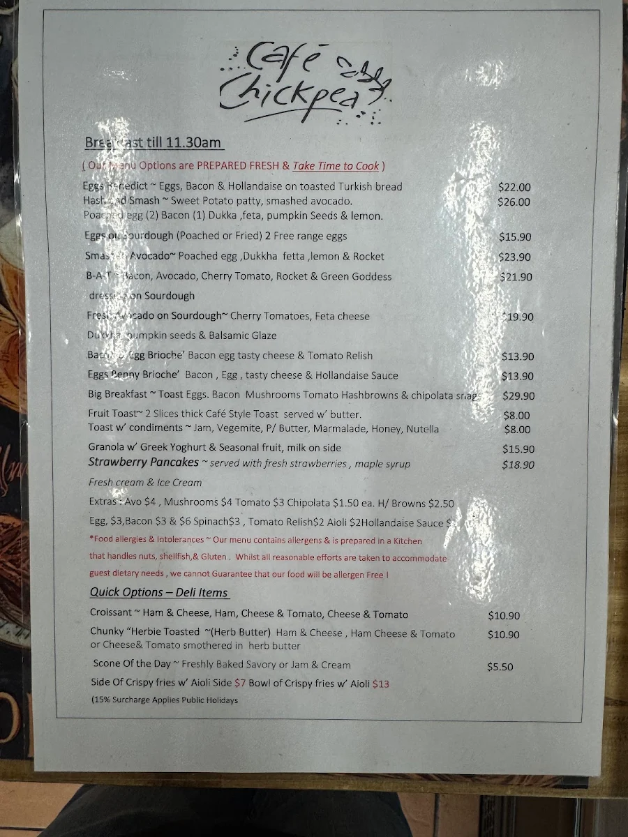 Menu, Chickpea Cafe