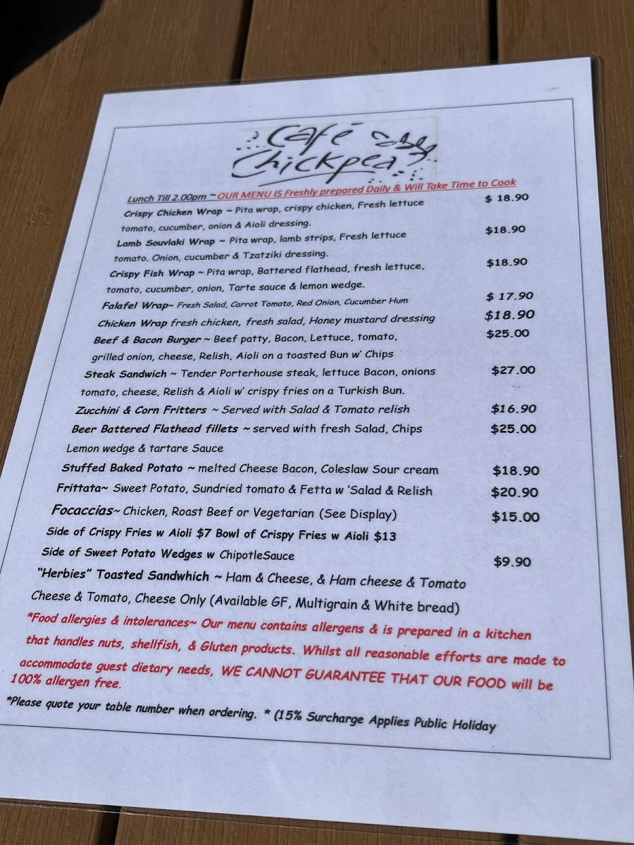 Menu, Chickpea Cafe