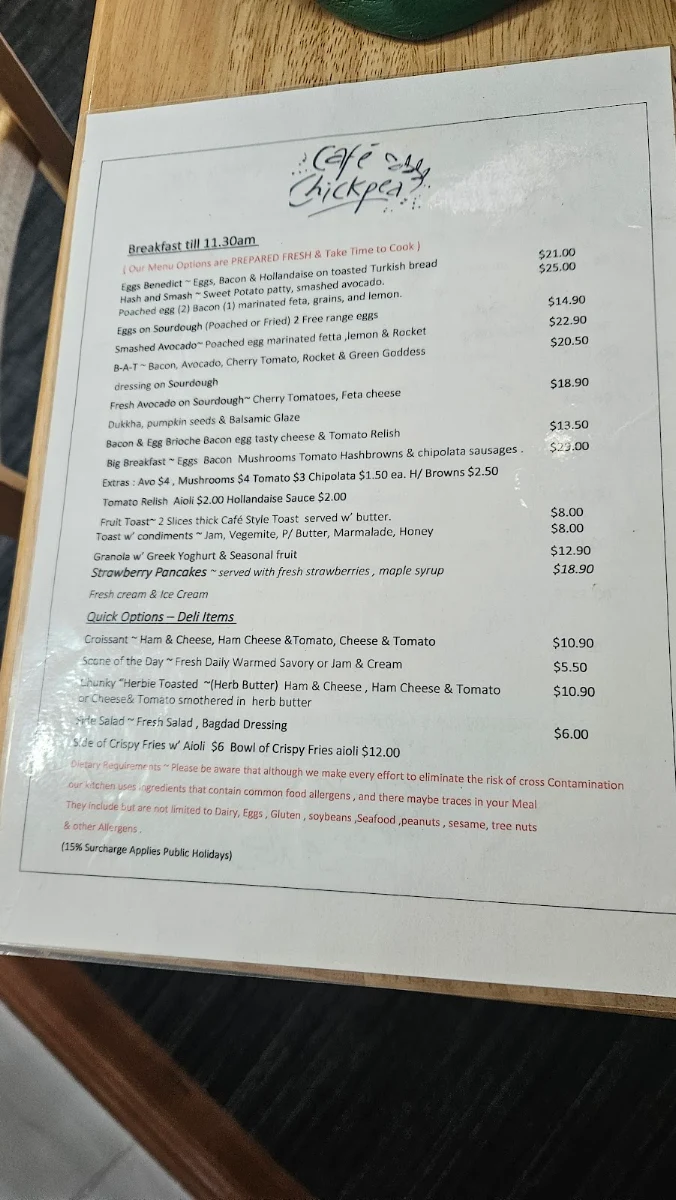Menu, Chickpea Cafe